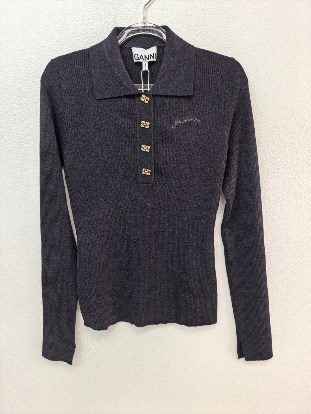 Ganni Charcoal Ribbed Polo Knit with Gold Buttons